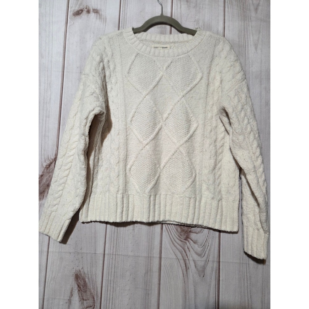 Lucky Brand Womens Cream Cable Knit Diamond Pullover Sweater Ivory Medium